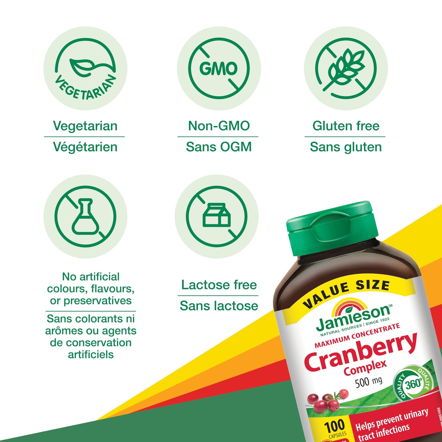 Jamieson Cranberry Complex, with 450 mg Cranberry Extract and 50 mg D-Mannose, Antioxidant, Max Concentrate, and Protects Against Urinary Tract Infections. Non-GMO, Gluten-Free, 100 Vegetarian Capsules - Available at All In One Marketplace Canada