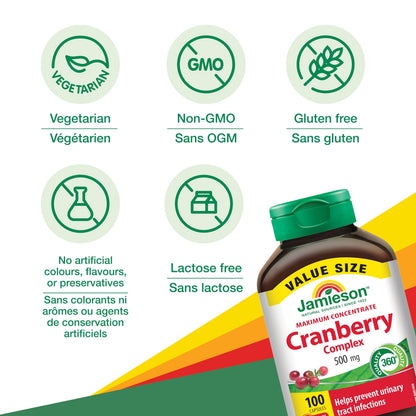 Jamieson Cranberry Complex, with 450 mg Cranberry Extract and 50 mg D-Mannose, Antioxidant, Max Concentrate, and Protects Against Urinary Tract Infections. Non-GMO, Gluten-Free, 100 Vegetarian Capsules - Available at All In One Marketplace Canada