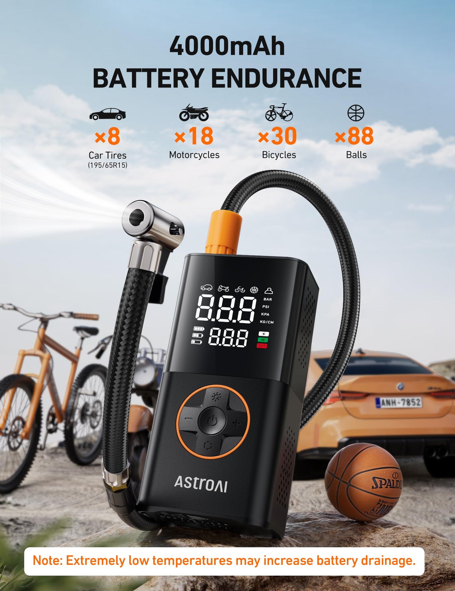 AstroAI L7 Tire Inflator Portable Air Compressor Cordless Mini Bike Pump with Digital Dual Values Display, 150 PSI Car Tires Air Pump with LED Lights&Pressure Gauge for Auto, Motorcycles, Bikes, Balls