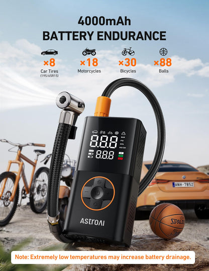 AstroAI L7 Tire Inflator Portable Air Compressor Cordless Mini Bike Pump with Digital Dual Values Display, 150 PSI Car Tires Air Pump with LED Lights&Pressure Gauge for Auto, Motorcycles, Bikes, Balls