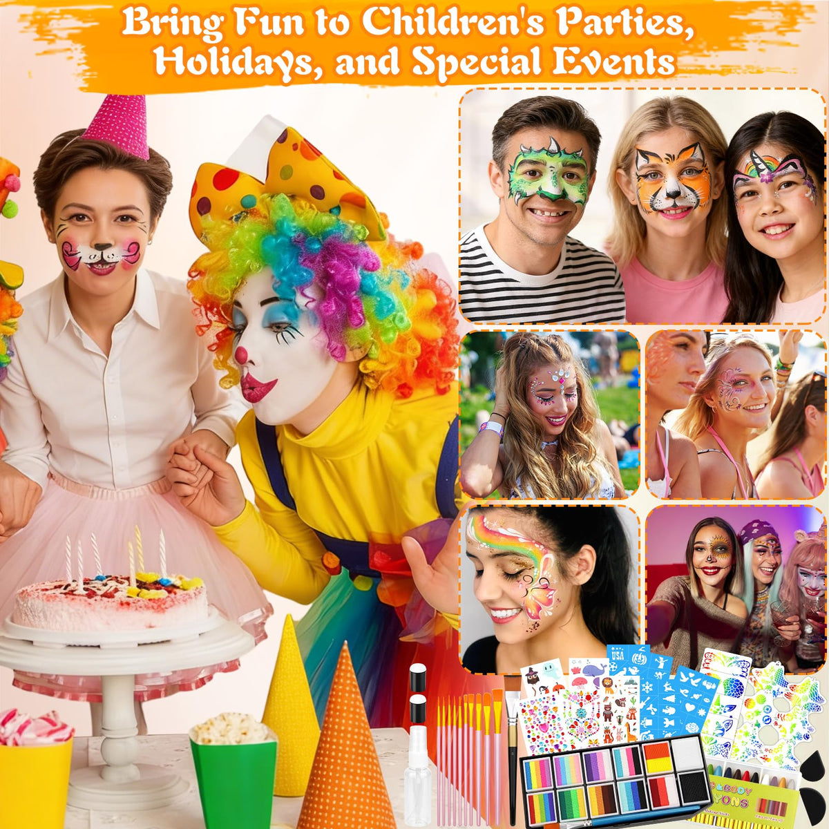 Face Painting Kit Professional for Kids Adults,12 x 10g Split Cake Face Paint Palette Water Activated Face Paint with Stencil Brush Sponge, Rainbow Facepaint Makeup Kit for Halloween Party Body Paint 🍁 All In One Marketplace Canada