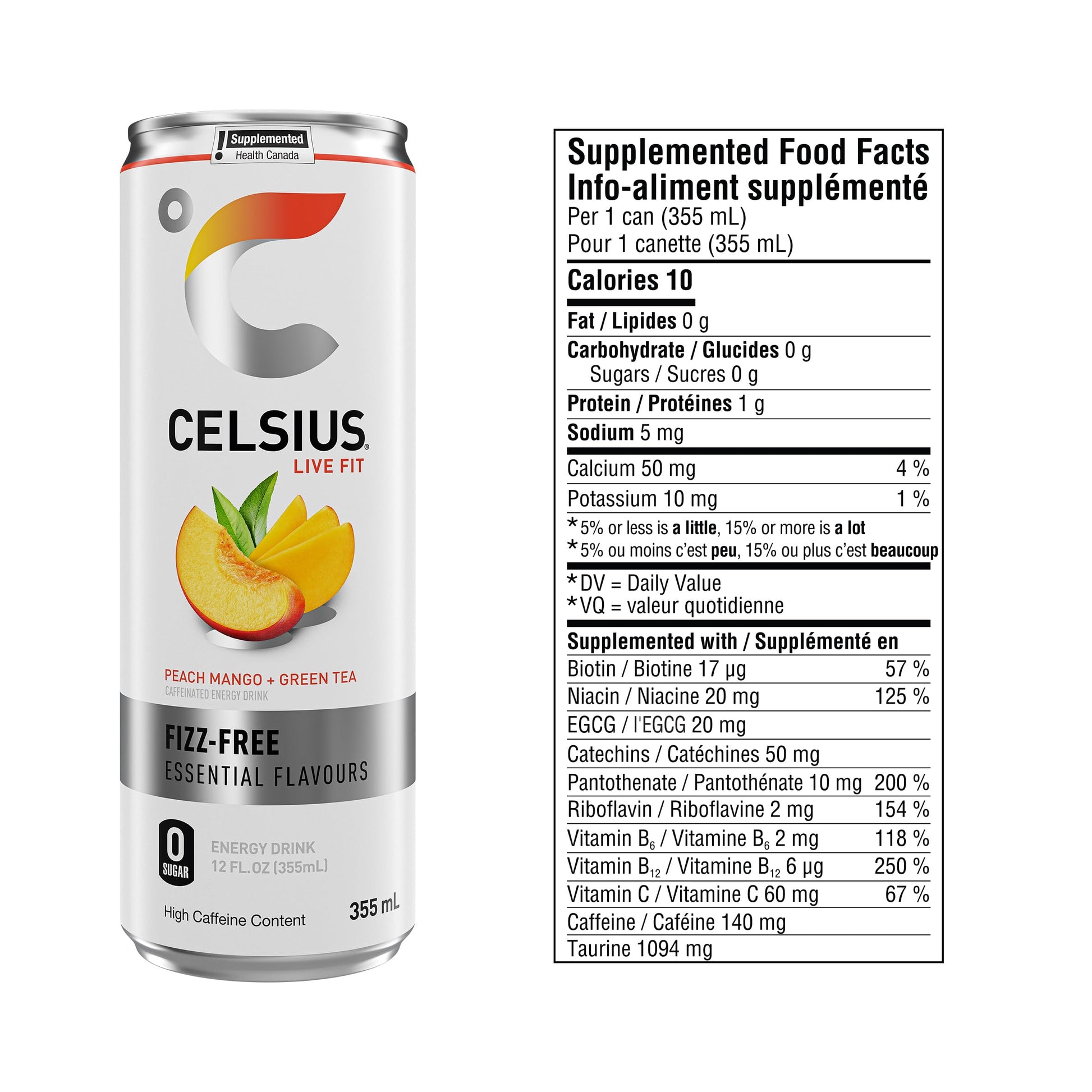 CELSIUS Fizz Free Peach Mango, Zero Sugar Energy Drink, 335ml Cans (Pack of 12) - Available at All In One Marketplace Canada