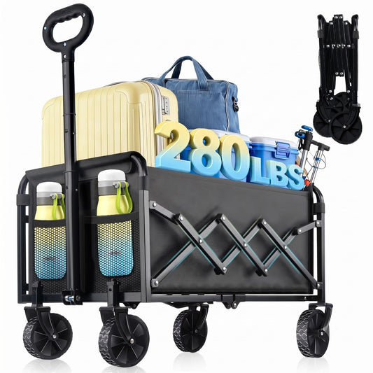 Collapsible Wagon Cart with Wheels Foldable - Lightweight 280LBS Heavy Duty Folding Utility Portable Beach Wagon with All-Terrain Wheels for Groceries Shopping Garden Sports Camping