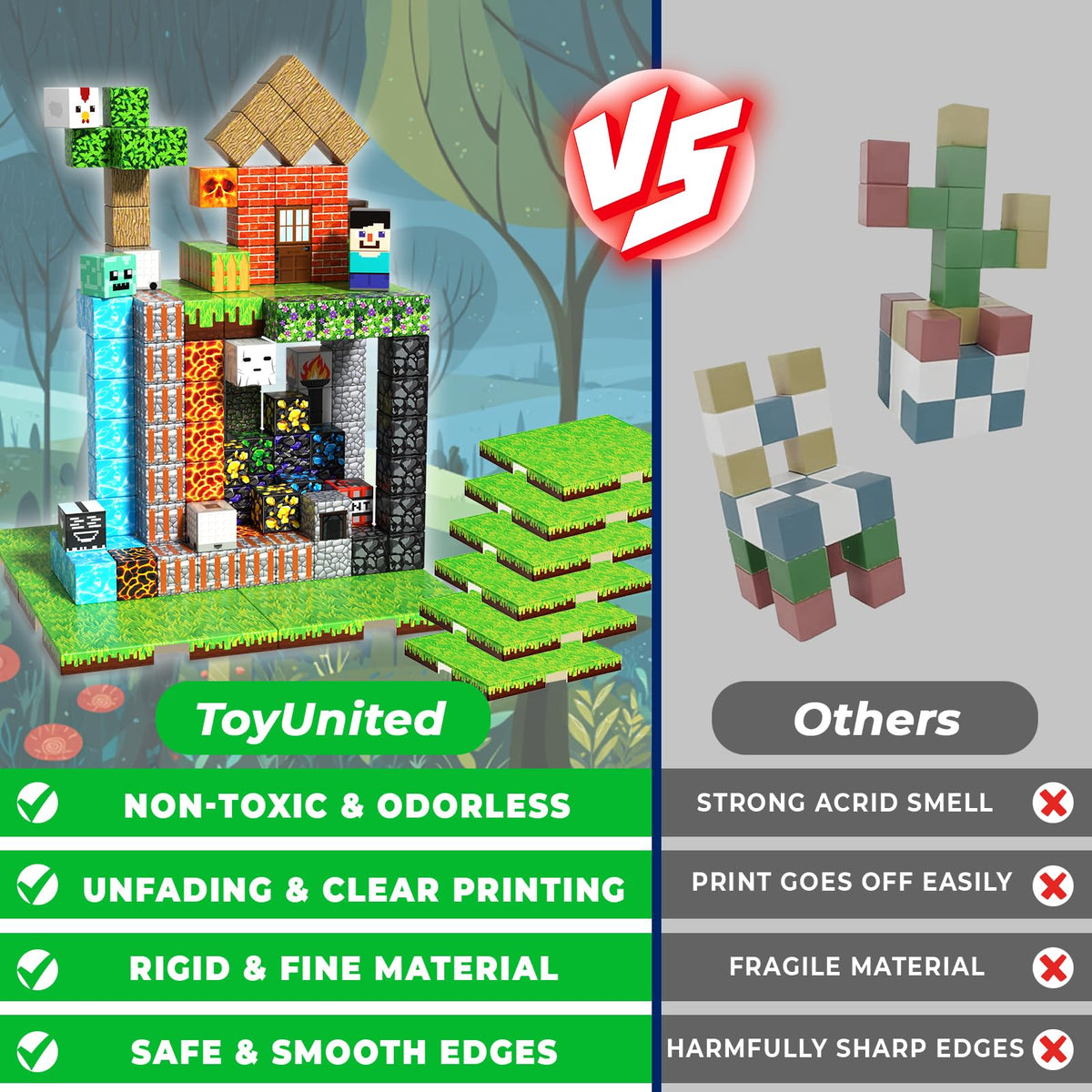 ToyUnited 200 Pieces Magnetic Blocks with 6 Base Plate Cute Fun Game Magnetic Building Blocks Montessori Stacking Sensory Toy for Kids Ages 3 4 5 6 7 8-12 Year Old Boys Girls Gifts Christmas 🍁 All In One Marketplace Canada