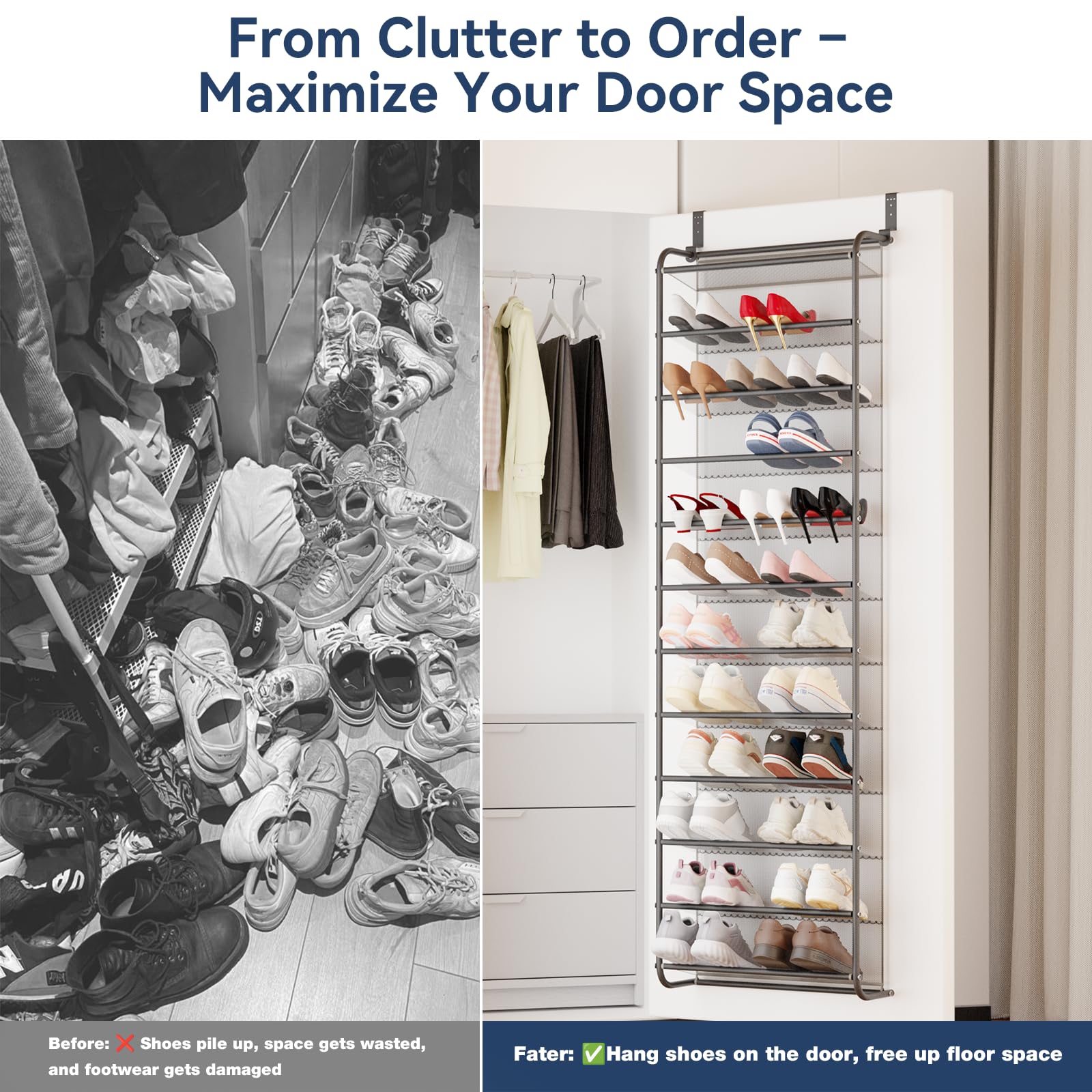 Whitmor 36 Pair Over-The-Door Rack-Gunmetal Gray Shoe Organizer WHITMOR