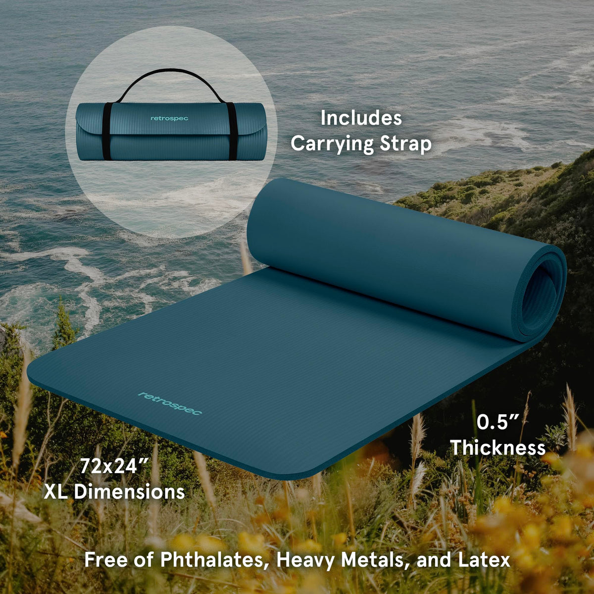 Tapis de yoga Retrospec Solana, 1,27 cm d'épaisseur avec sangle en nylon pour hommes et femmes - Tapis d'exercice antidérapant pour le yoga, le Pilates, les étirements, les exercices au sol et le fitness, Bleu océan