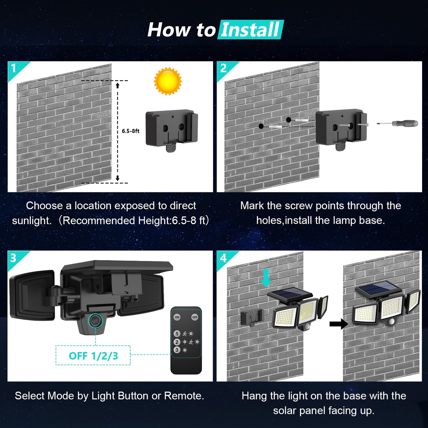 Solar Motion Sensor Outdoor Lights - 2500LM Bright LED Security Flood Light - Adjustable 3 Head Night Lighting Solar Powered IP65 Waterproof with Remote for Outside Garage Yard