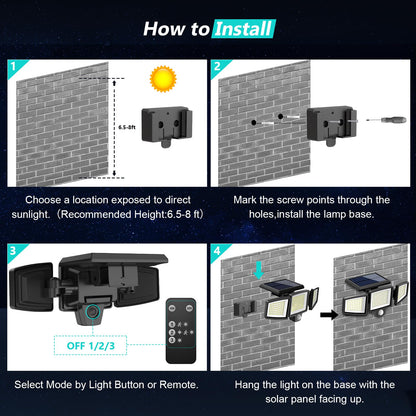 Solar Motion Sensor Outdoor Lights - 2500LM Bright LED Security Flood Light - Adjustable 3 Head Night Lighting Solar Powered IP65 Waterproof with Remote for Outside Garage Yard