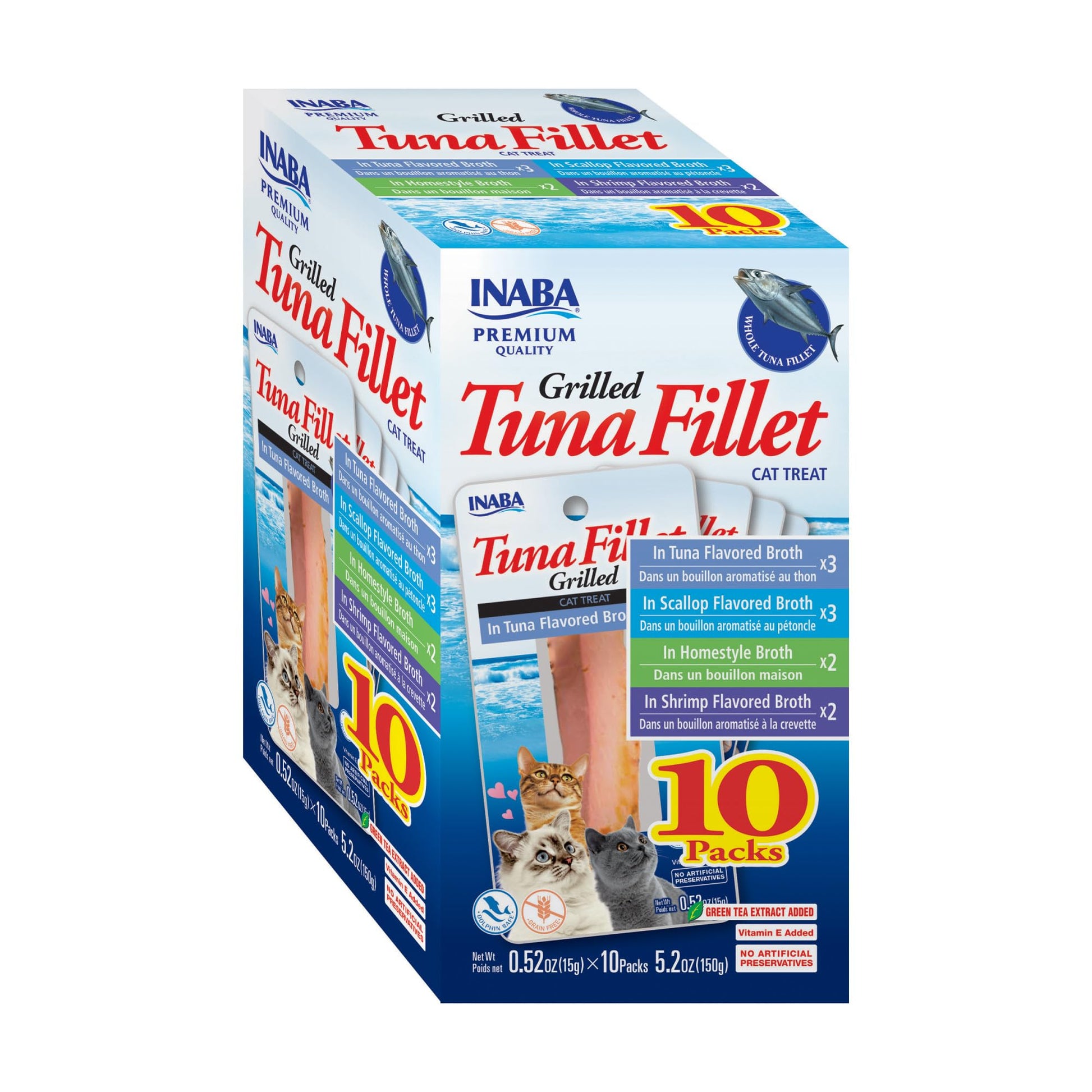 INABA Premium Grilled Tuna Fillet Cat Treats with Vitamin E and Green Tea Extract, 14.7 Grams Each, Pack of 10, Variety Box INABA