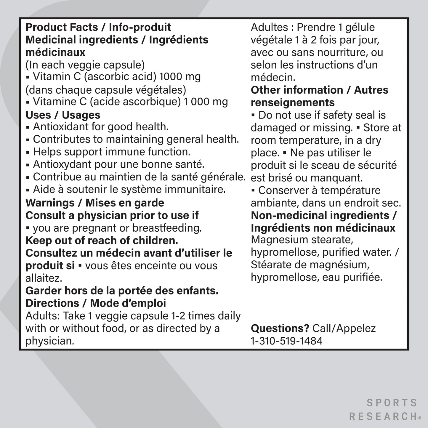 Sports Research® Vitamin C 1000mg - Non-GMO Project Verified Ascorbic Acid Vitamin C Supplement for Immune Support & Antioxidant Protection | Vegan Friendly, 8 Month Supply (240 Count) - Available at All In One Marketplace Canada