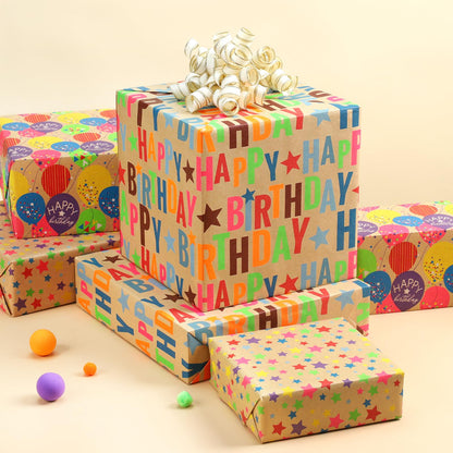 BIOBROWN Kraft Birthday Wrapping Paper 3 Rolls, Colorful Balloons & Star 🍁 All In One Marketplace Canada