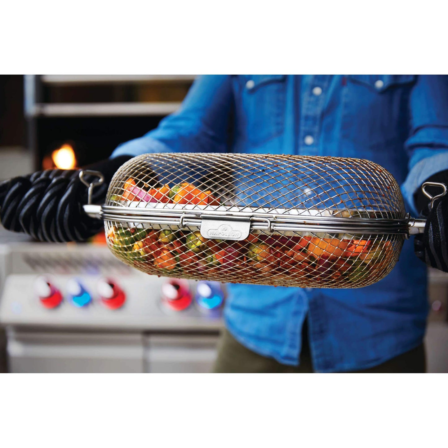 Napoleon Rotisserie Grill Basket Accessory in Stainless Steel - 64000 - Fits All Standard Spit Rods, Best for Even Cooking of Wings, Fries and Roasted Veggies Napoleon