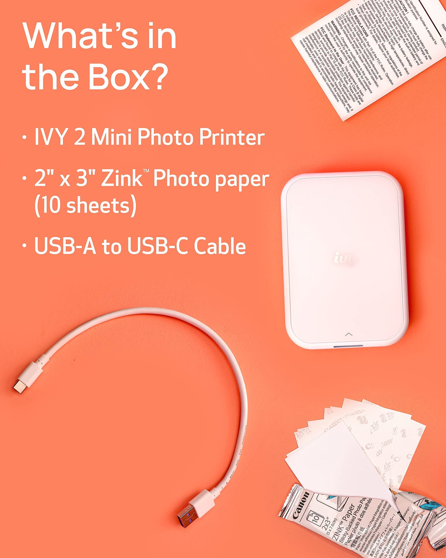 Canon Ivy 2 Mini Photo Printer (Pure White), Bluetooth Portable Smartphone Printer for iOS & Android, Bundle with 110 Zink Sticky-Back Photo Prints, LED Light Bar, Protective Case & USB Cable