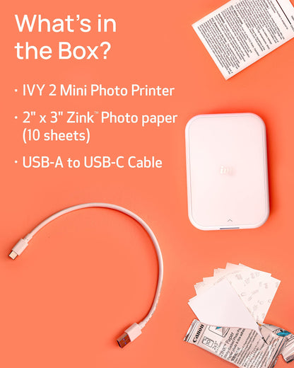 Canon Ivy 2 Mini Photo Printer (Pure White), Bluetooth Portable Smartphone Printer for iOS & Android, Bundle with 110 Zink Sticky-Back Photo Prints, LED Light Bar, Protective Case & USB Cable