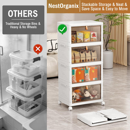 NestOrganix 4 Tier 23QT Plastic Storage Bins with Lid, Storage Containers with Wheels, Folding Storage Box, Stackable Storage Bins, Organizers and Storage for Home,Office 14.56" x 10.62" x 31.49" - Available at All In One Marketplace Canada