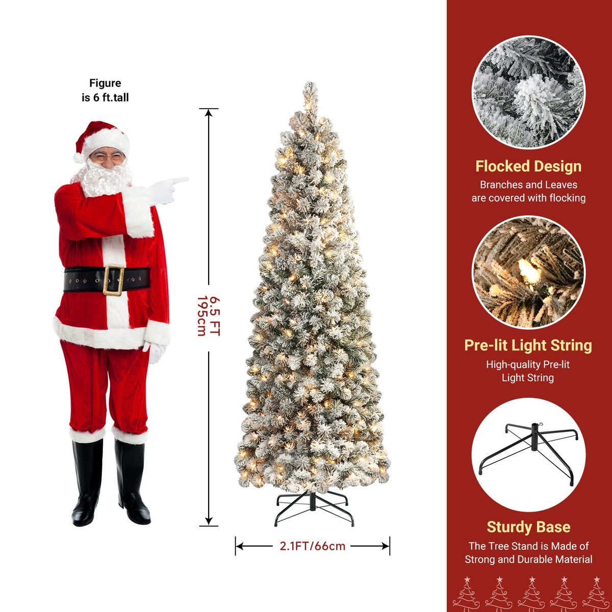 SHareconn 6.5ft Prelit Snow Flocked Artificial Slim Pencil Christmas Tree 🍁 All In One Marketplace Canada