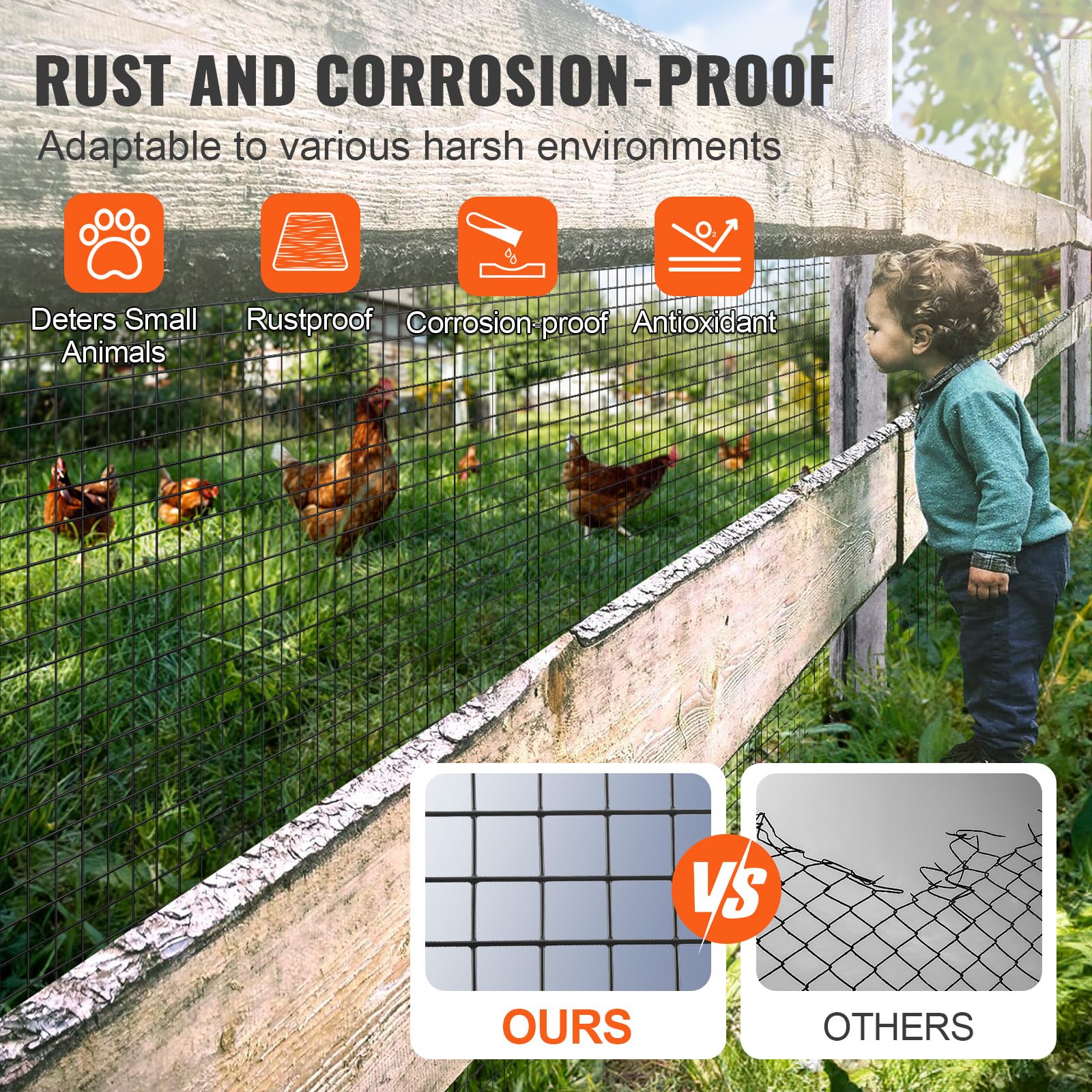 VEVOR Hardware Cloth, 48'' x 50' Galvanized Wire Mesh Roll, 19 Gauge Chicken Wire Fence Roll, Vinyl Coating Metal Wire Mesh for Chicken Coop Barrier, Rabbit Snake Fences, Poultry Enclosures VEVOR