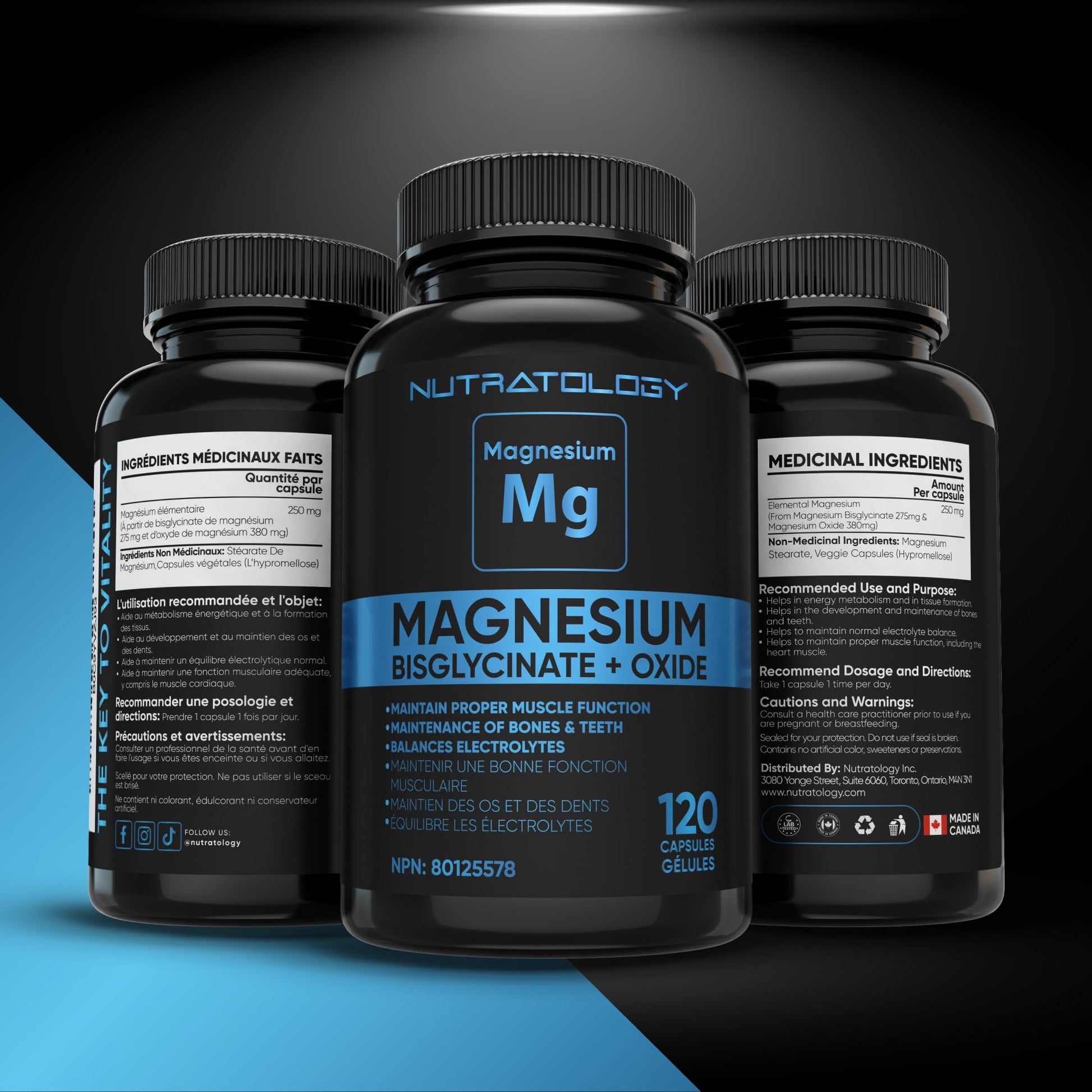 Nutratology® Magnesium Bisglycinate + Oxide | Canadian-Made | Relaxes Muscles, Improves Sleep Quality, Maintains Proper Muscle Functions & Enhances Bone Density | 250MG Per Capsule | 120 Capsules
