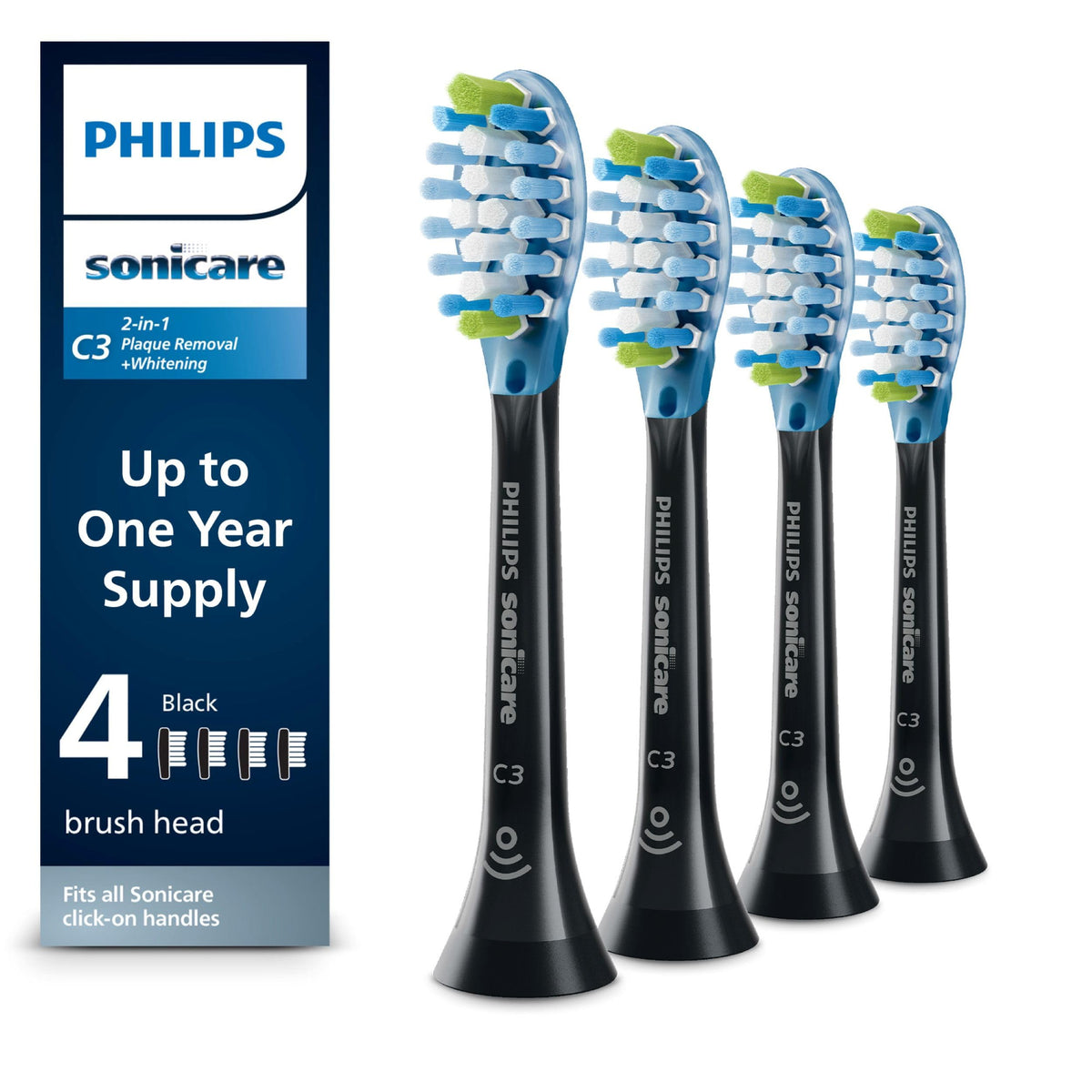 Philips Sonicare C3 Two-in-One Brush Heads, 4-Pack, 1 Year Supply, Black