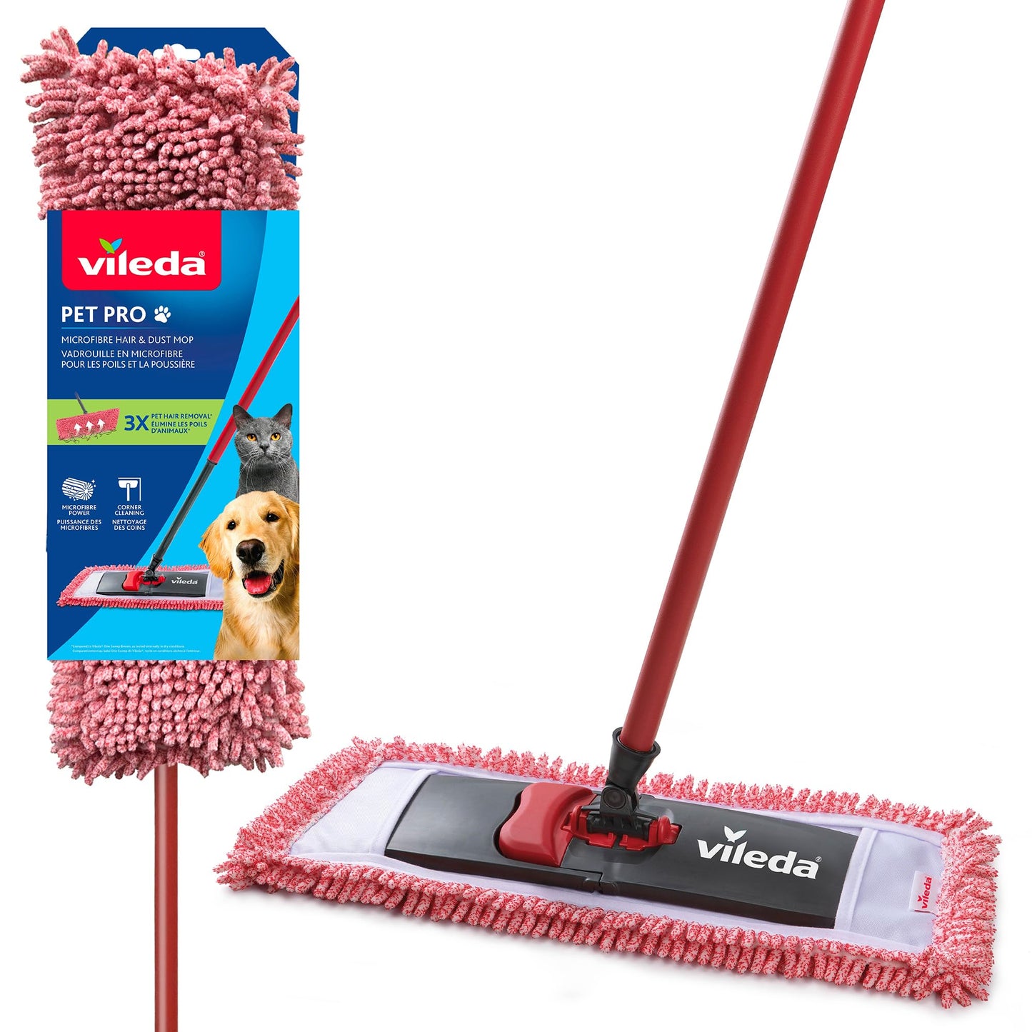 Vileda Pet Pro Microfiber Hair & Dust Mop | Flat dust mop | Three times more pet hair removal | Extra large trapezoid mop head | 100% Microfiber | Multi surface dry usage | Reusable & machine washable Vileda
