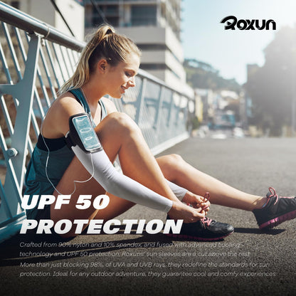 ROXUN 2 Pairs Arm Sleeves, Cooling UV Sun Protection Sports Compression for Men/Women 2 White