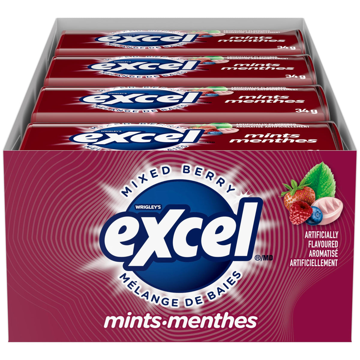 EXCEL, Mixed Berry Flavoured Mints,34g, Tin, 8 Packs