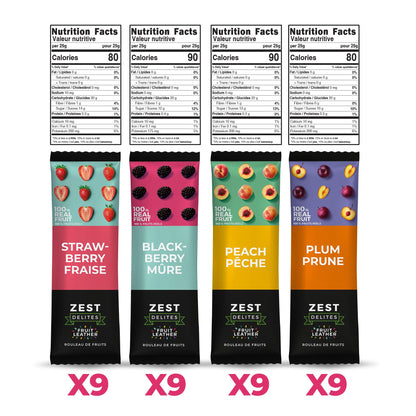 Zest Delites Fruit Leather Variety Pack - 36 Individual Servings (25g each) | Strawberry, Blackberry, Peach & Plum | Gluten-Free Vegan Dried Fruit Snacks