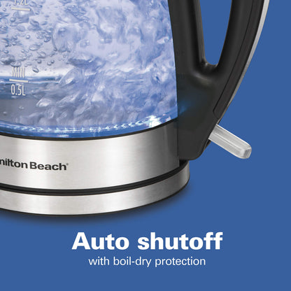 Hamiton Beach 40864C Glass Electric Kettle, 1.7 Liter Capacity, Automatic Shutoff, Cord-Free Design, Stainless Steel