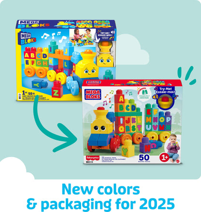 MEGA BLOKS First Builders Toddler Building Blocks Toy Set, ABC Musical Train with 50 Pieces, Music and Sounds, Ages 1+ Years