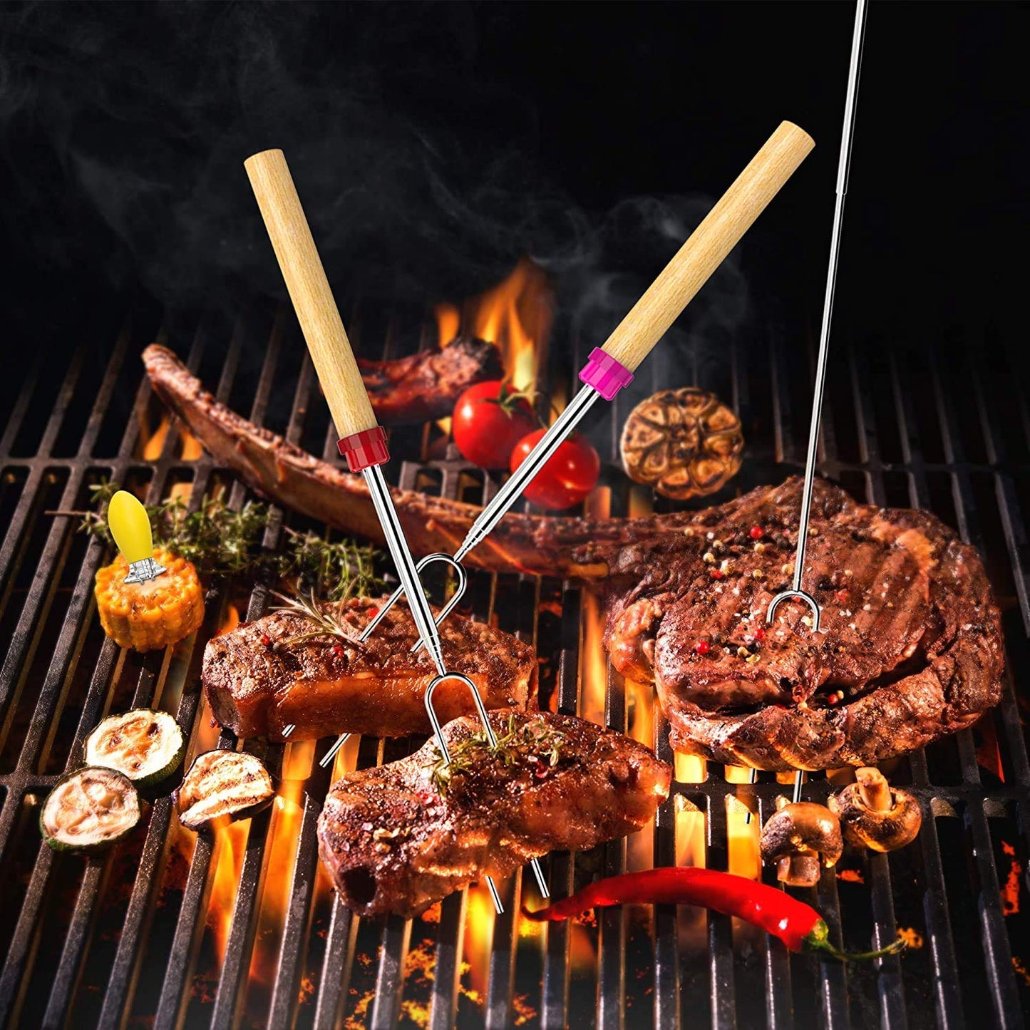 Marshmallow Roasting Sticks, Roasting Sticks with Wooden Handle 32 Inch Extendable BBQ Forks Telescoping Sticks Telescopic Stainless Steel Skewers for Grilling,Campfire (10)