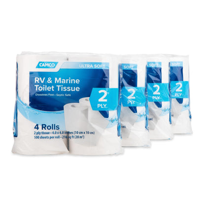 Camco Camper/RV Toilet Paper — 2-Ply — Septic Safe — Dissolves Fast — Dye & Fragrance Free — 16-Rolls (500 Sheets Per Roll) (40282) - Available at All In One Marketplace Canada