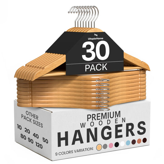 Utopia Home Premium Wooden Hangers 30 Pack - Heavy Duty & Durable Coat Hanger - Wood Hanger with 360-Degree Rotatable Hook - Clothes Hangers with Non-Slip Shoulder Notches For Shirts & Coats (Natural)