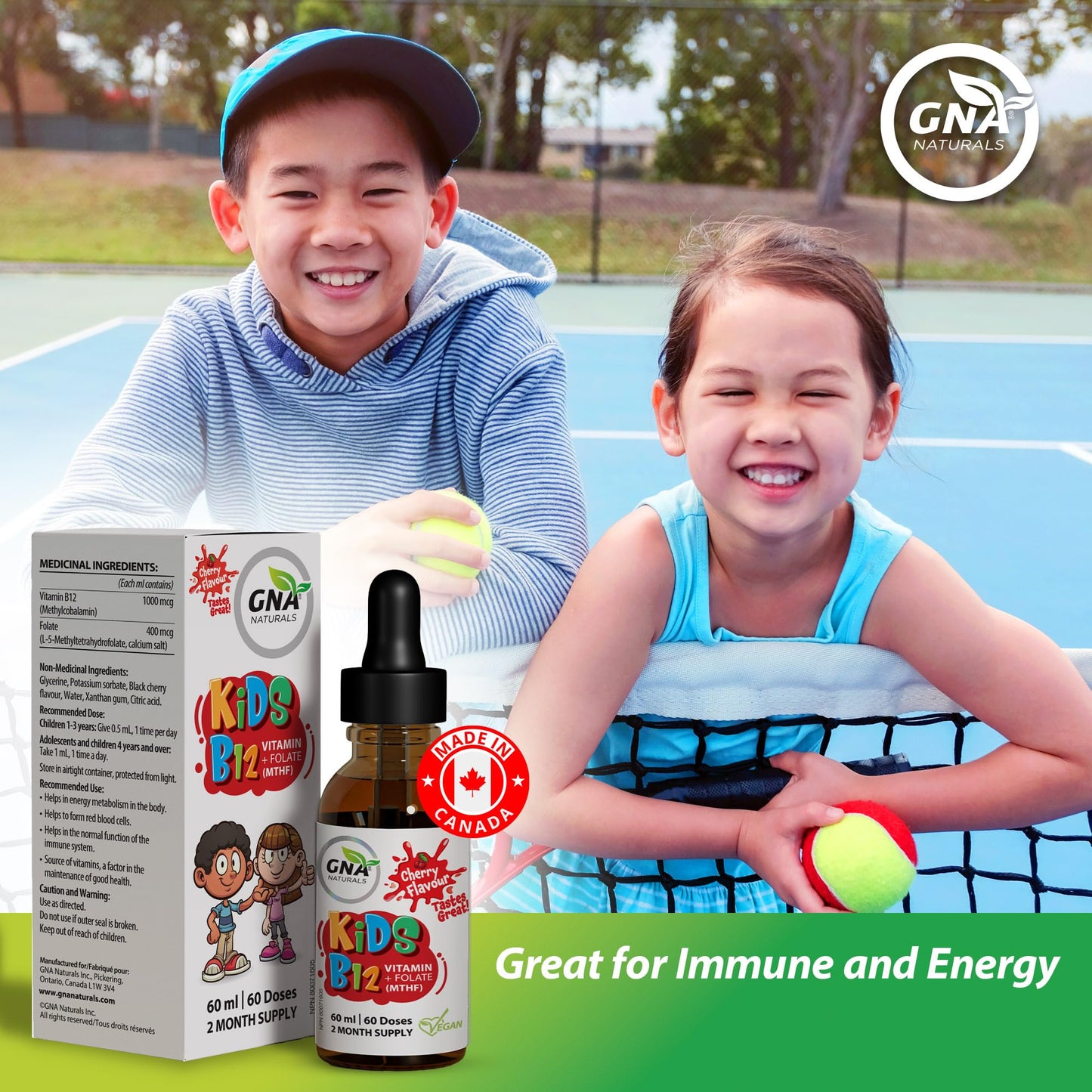 GNA Naturals Kids Vitamin B12 with Folate Supplement, 60ml - VitaminB12 Methylcobalamin 1000 mcg - Liquid Drops for Kids - Cherry Flavour- Methyl B12 Folate Supplement - Vitamin-B12-Complex – Vegan – For energy, metabolism and supports memory– Made in Can - Available at All In One Marketplace Canada
