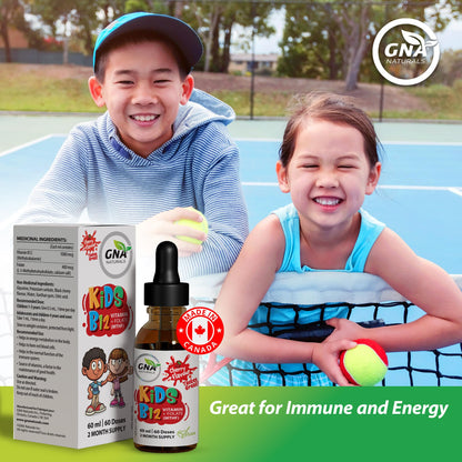 GNA Naturals Kids Vitamin B12 with Folate Supplement, 60ml - VitaminB12 Methylcobalamin 1000 mcg - Liquid Drops for Kids - Cherry Flavour- Methyl B12 Folate Supplement - Vitamin-B12-Complex – Vegan – For energy, metabolism and supports memory– Made in Can - Available at All In One Marketplace Canada