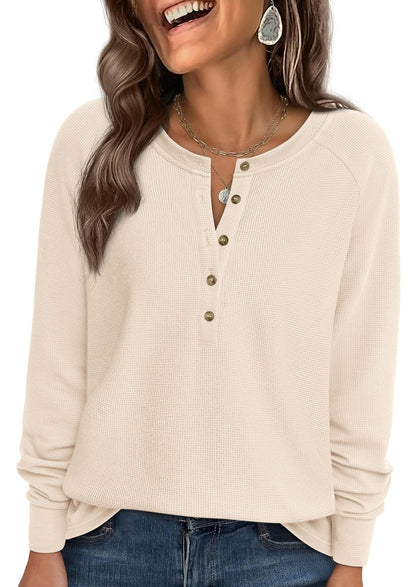 PRETTYGARDEN Women's Long Sleeve Waffle Knit Henley Shirts Beige,S 🍁 All In One Marketplace Canada