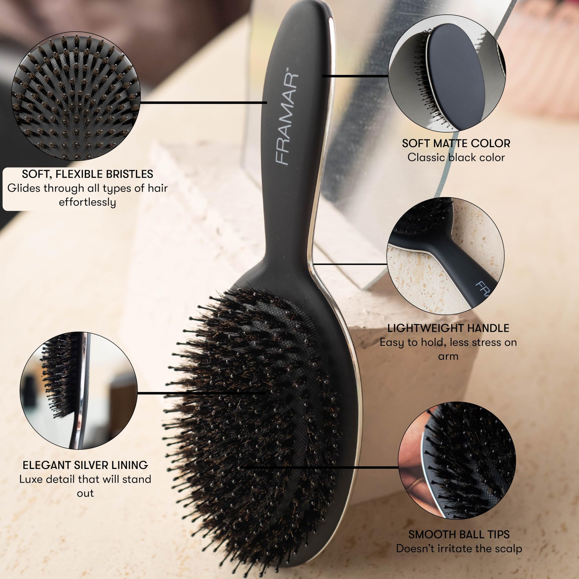FRAMAR Black Boar Bristle Hair Brush - Natural Bristle Brush For Fine Hair, Boar Brush For Slicking Back Hair, Hair Brush For Women, Slick Back Hair Brush, Brosse a Cheveux, Brosse Poil De Sanglier