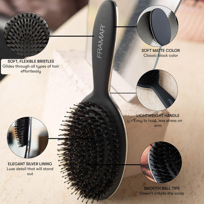 FRAMAR Black Boar Bristle Hair Brush - Natural Bristle Brush For Fine Hair, Boar Brush For Slicking Back Hair, Hair Brush For Women, Slick Back Hair Brush, Brosse a Cheveux, Brosse Poil De Sanglier