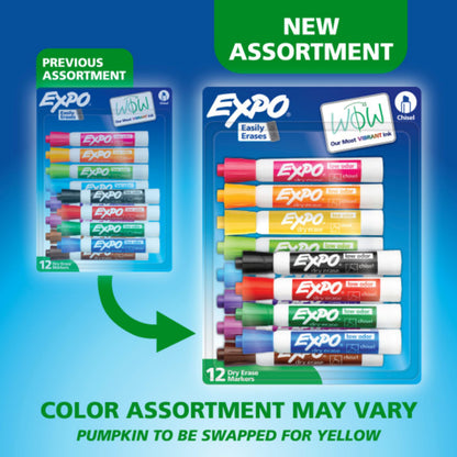 EXPO Dry Erase Markers, Low Odour Ink, Assorted Colours, Chisel Tip, 12 Count