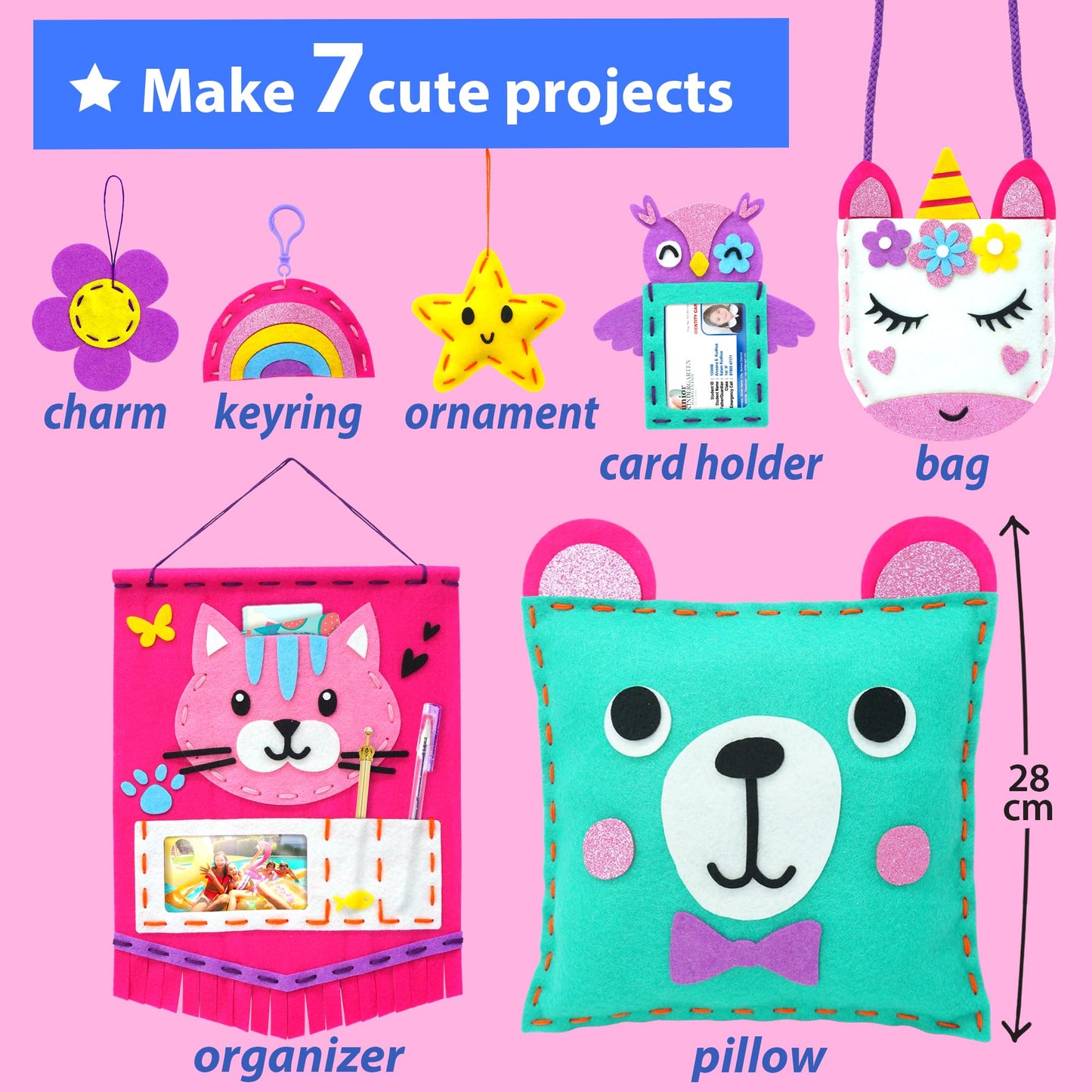 KRAFUN My First Sewing Kit for Kids Age 5+ Beginner Art & Craft, Includes 7 Easy Projects Dolls, Pillows, Bag, Instruction & Plush Felt Materials for Learn to Sew, Embroidery Skills - Available at All In One Marketplace Canada