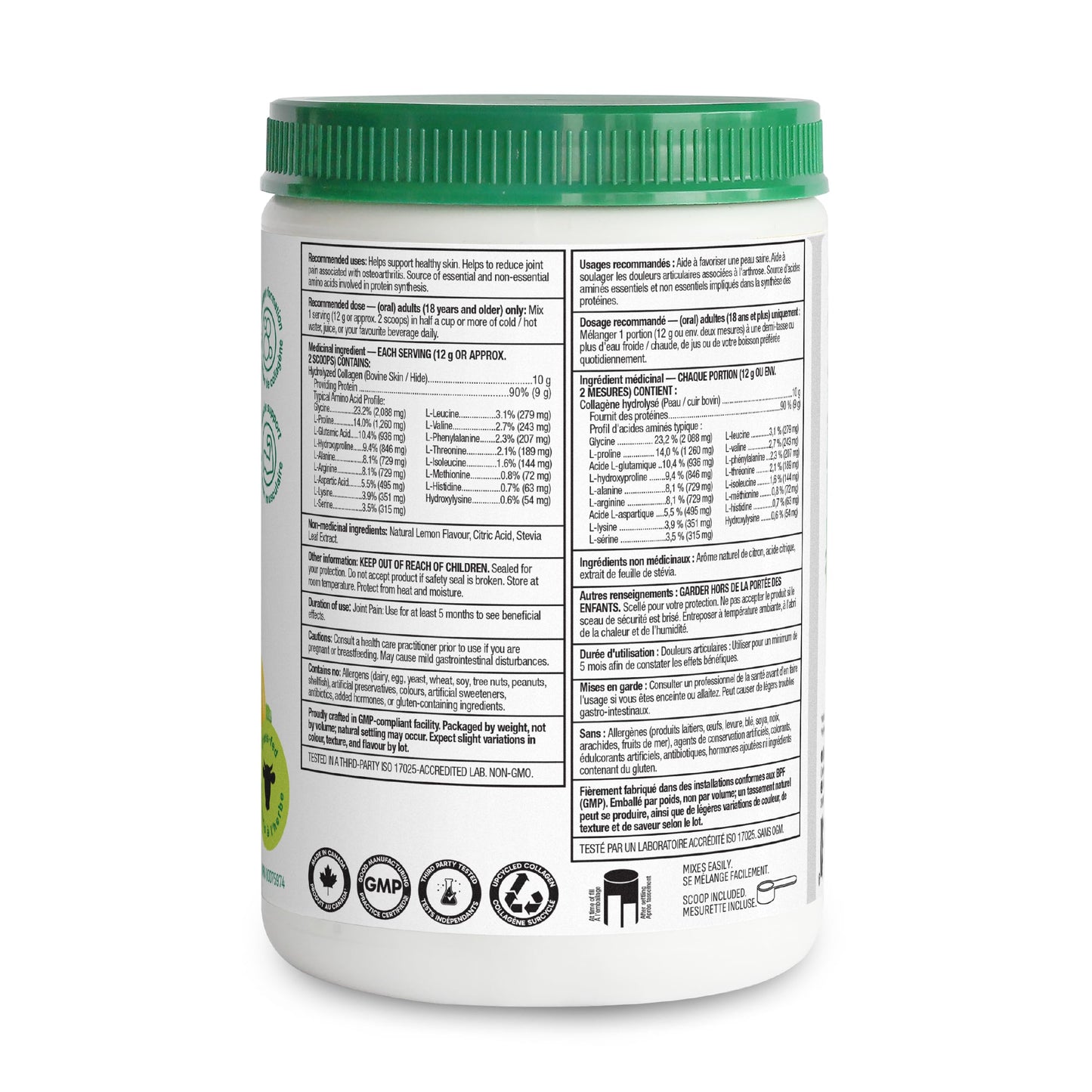 Organika Canadian-Made Enhanced Collagen Protein Powder- Lemon - For Healthy Hair, Skin, Nails, Joints - Hydrolyzed Peptides For Better Absorption – Grass-Fed, Non-GMO - 252g