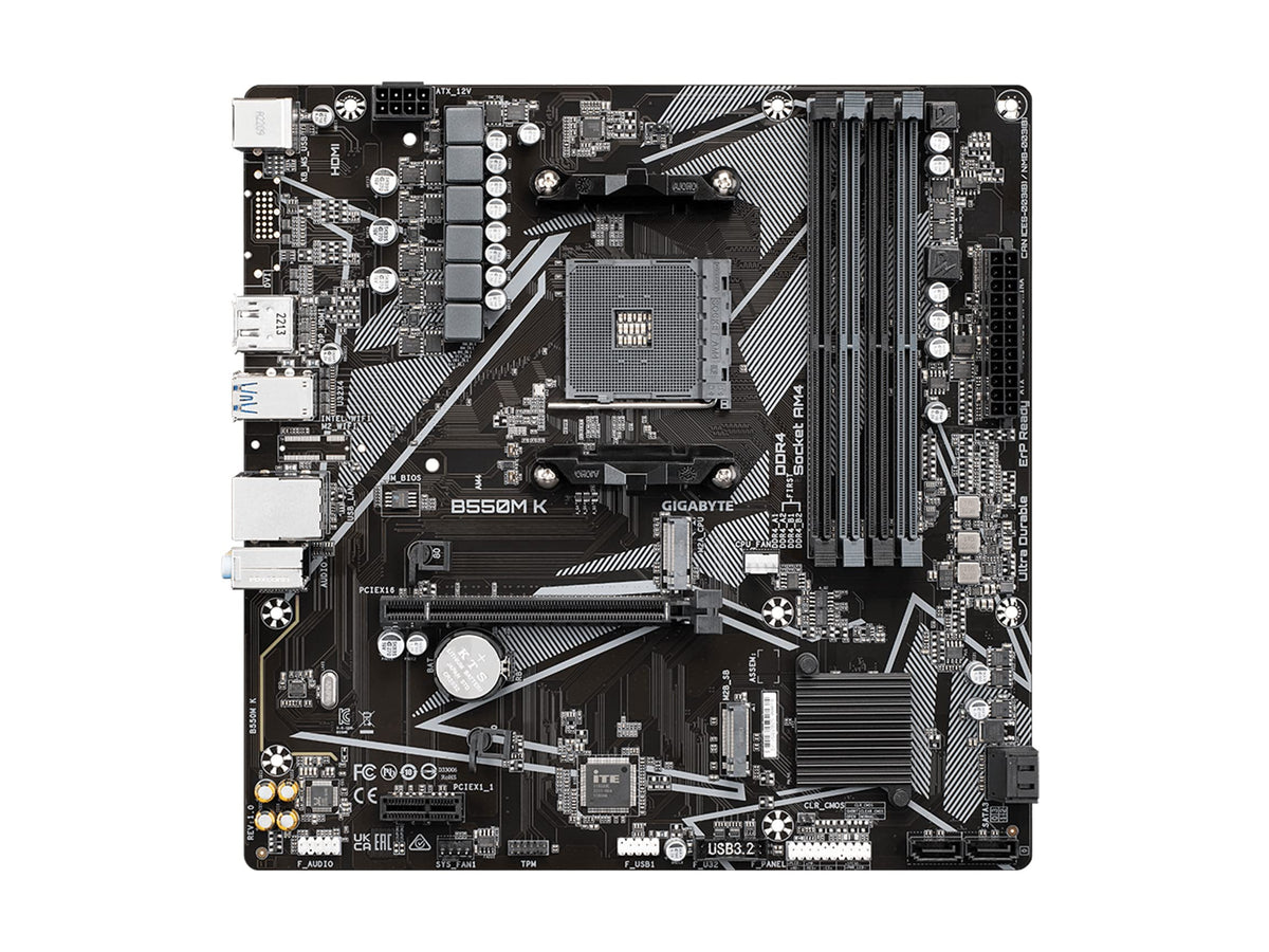 GIGABYTE B550M K (AM4/ AMD/ B550/ Micro-ATX/Dual M.2/ SATA 6Gb/s/USB 3.2 Gen 1/ Realtek GbE LAN/PCIe 4.0/ Motherboard)