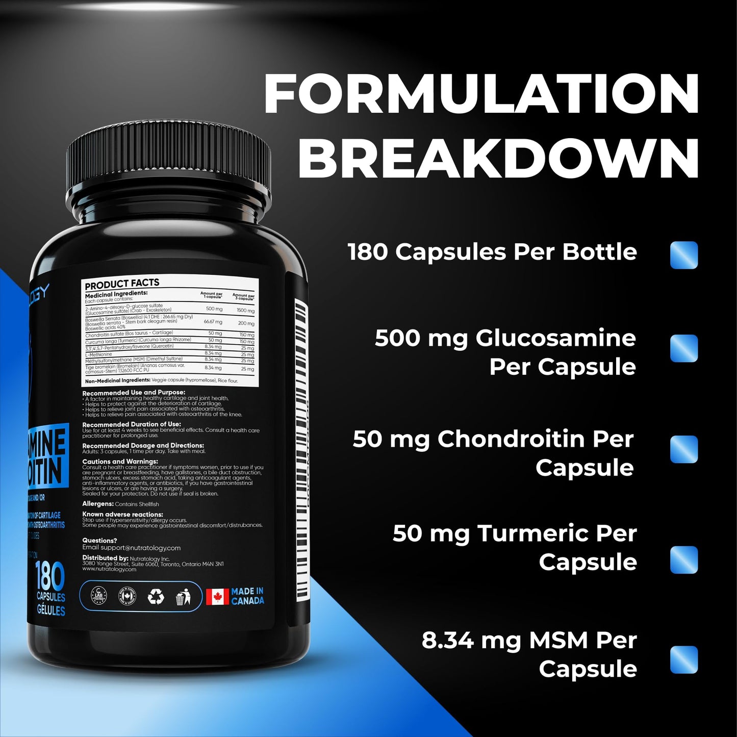 Nutratology® Glucosamine Joint Supplement with Chondroitin, MSM & Turmeric | Canadian-Made | Joint Pain Relief Supplements - 1500MG Glucosamine - Supports Healthy Joints & Cartilage - 180 Capsules - Available at All In One Marketplace Canada