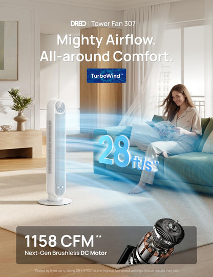 DREO Tower Fan for Bedroom, 25ft/s Velocity Quiet Floor Fan, 90° Oscillating Fans for Indoors with 4 Speeds, 4 Modes, 8H Timer, Standing Fans, Bladeless Fan, White, Nomad One (DR-HTF007) 🍁 All In One Marketplace Canada