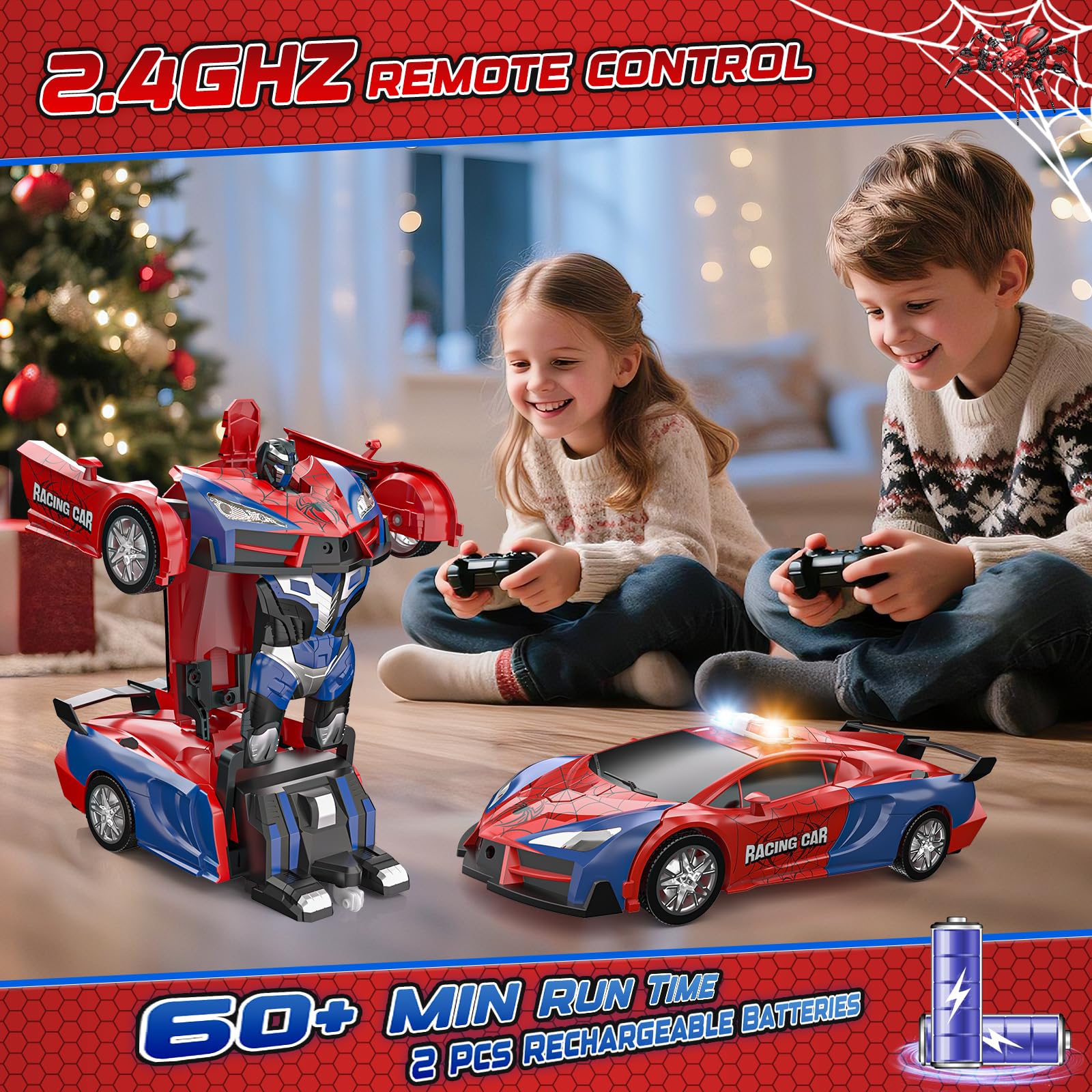 Spider Transform Remote Control Cars for Kids - 2.4GHz RC Police Car for 3 4 5 6 7 8 Year Old Boys, 1:18 Scale Robot Toy Car with One-Key Transformation & 360° Rotation, Kids Christmas Birthday Gifts - Available at All In One Marketplace Canada