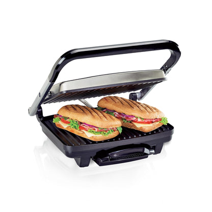 Hamilton Beach Panini Press, Sandwich Maker & Electric Indoor Grill, Upright Storage, Nonstick Easy Clean Grids, Stainless Steel (25410C)