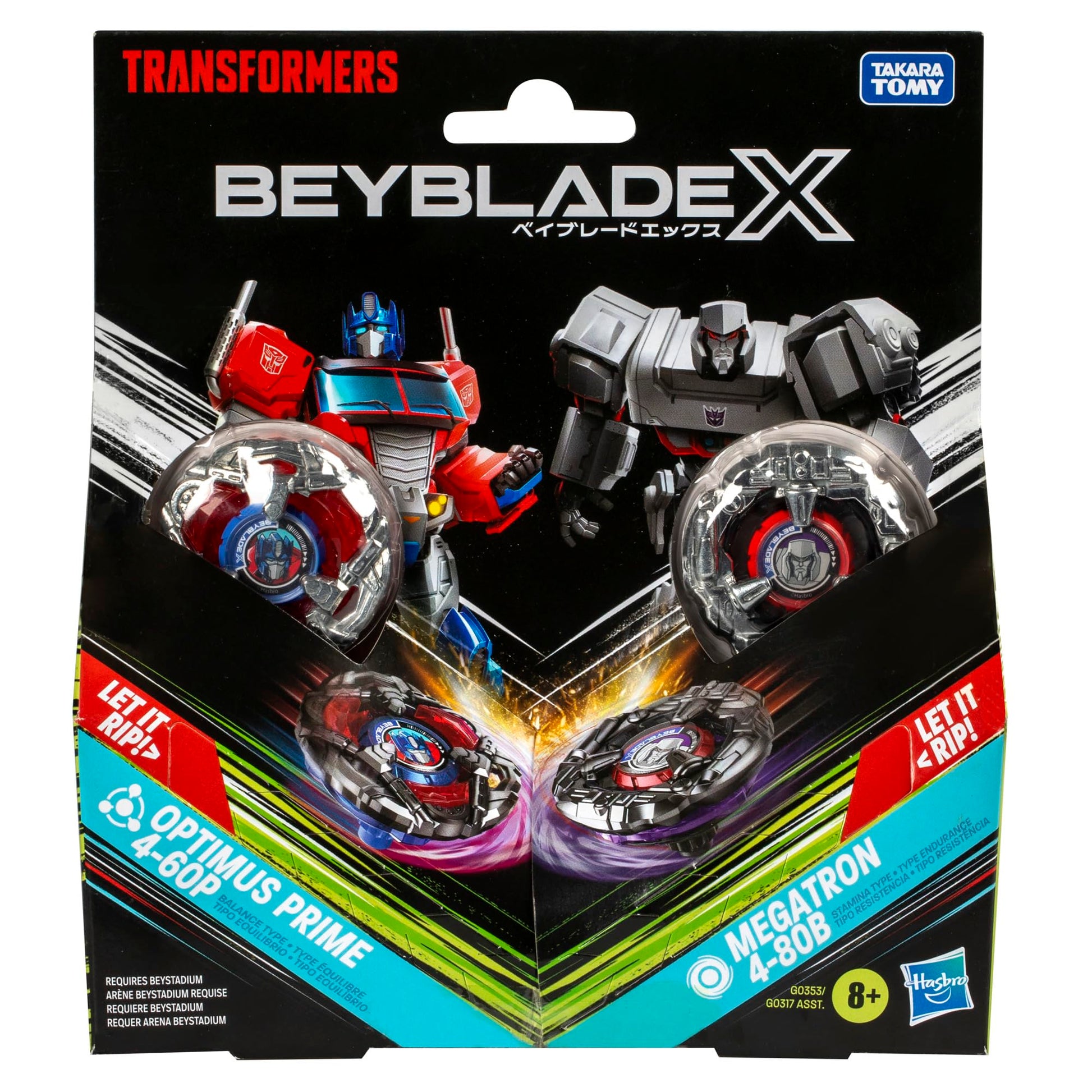 Beyblade X Transformers Collab Optimus Prime 4-60P vs. Megatron 4-80B Multipack Set with 2 Tops & 2 launchers; Battling Top Toys for 8 Year Old Boys & Girls (Amazon Exclusive) BEYBLADE
