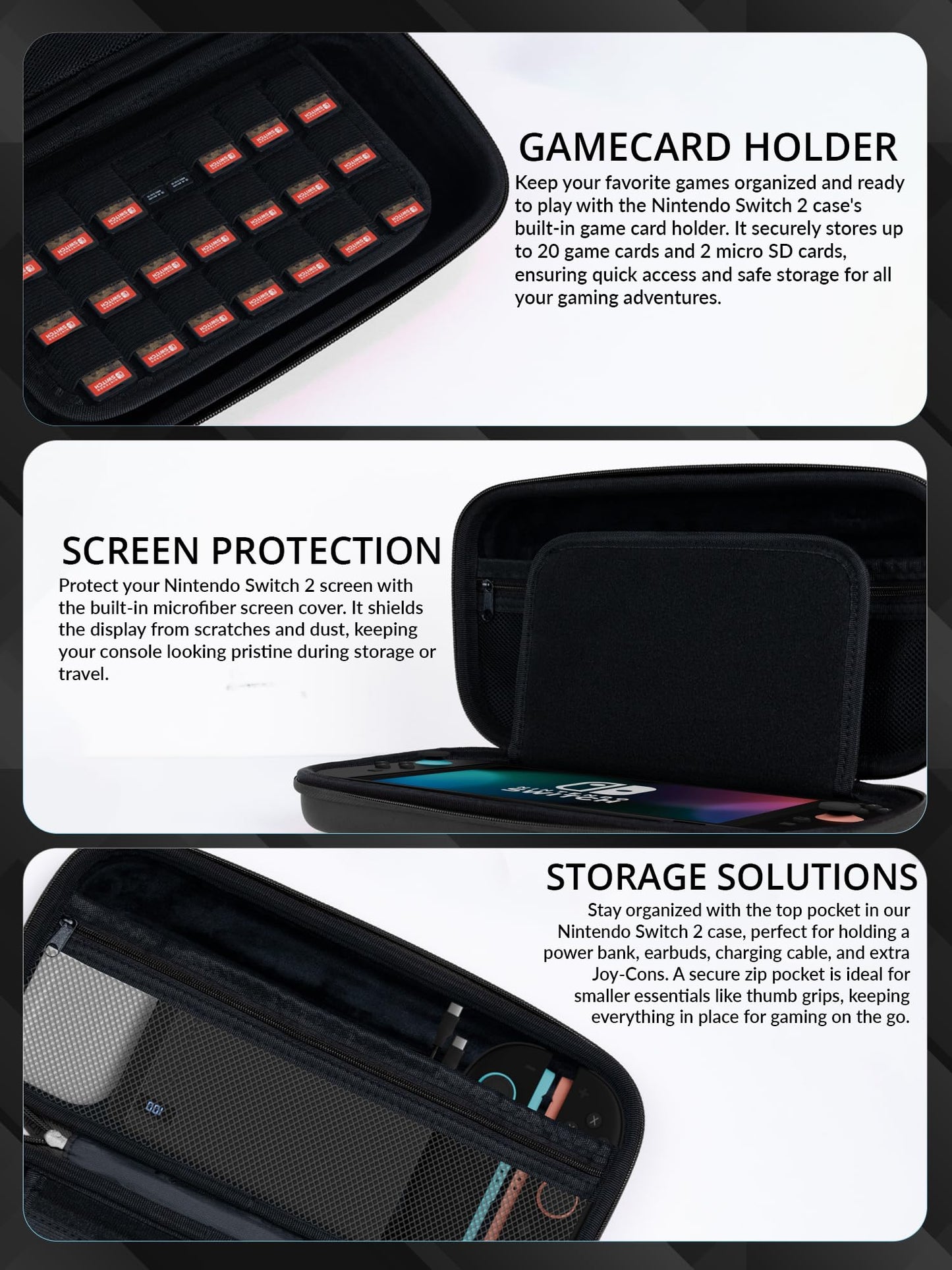 Carry Case for Nintendo Switch 2 (2025) Hard Shell Travel Case with Screen Padding, Game Card & microSD Slots, Zipped & Open Pockets for Accessories