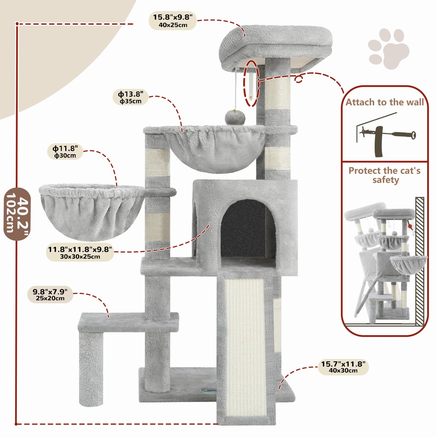 Gitelsnour Cat Tree, Cat Tower with condo, 2 Baskets, Large Platform, Scratch Board, Cat Scratching Posts for Indoor Cats, Light Gray GCT003SW