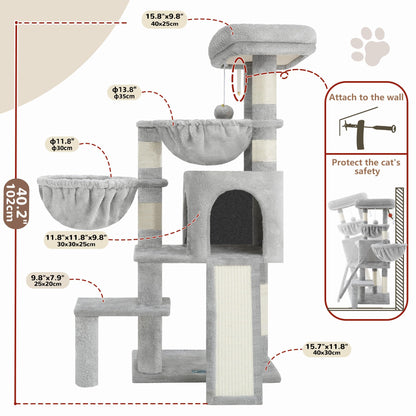 Gitelsnour Cat Tree, Cat Tower with condo, 2 Baskets, Large Platform, Scratch Board, Cat Scratching Posts for Indoor Cats, Light Gray GCT003SW