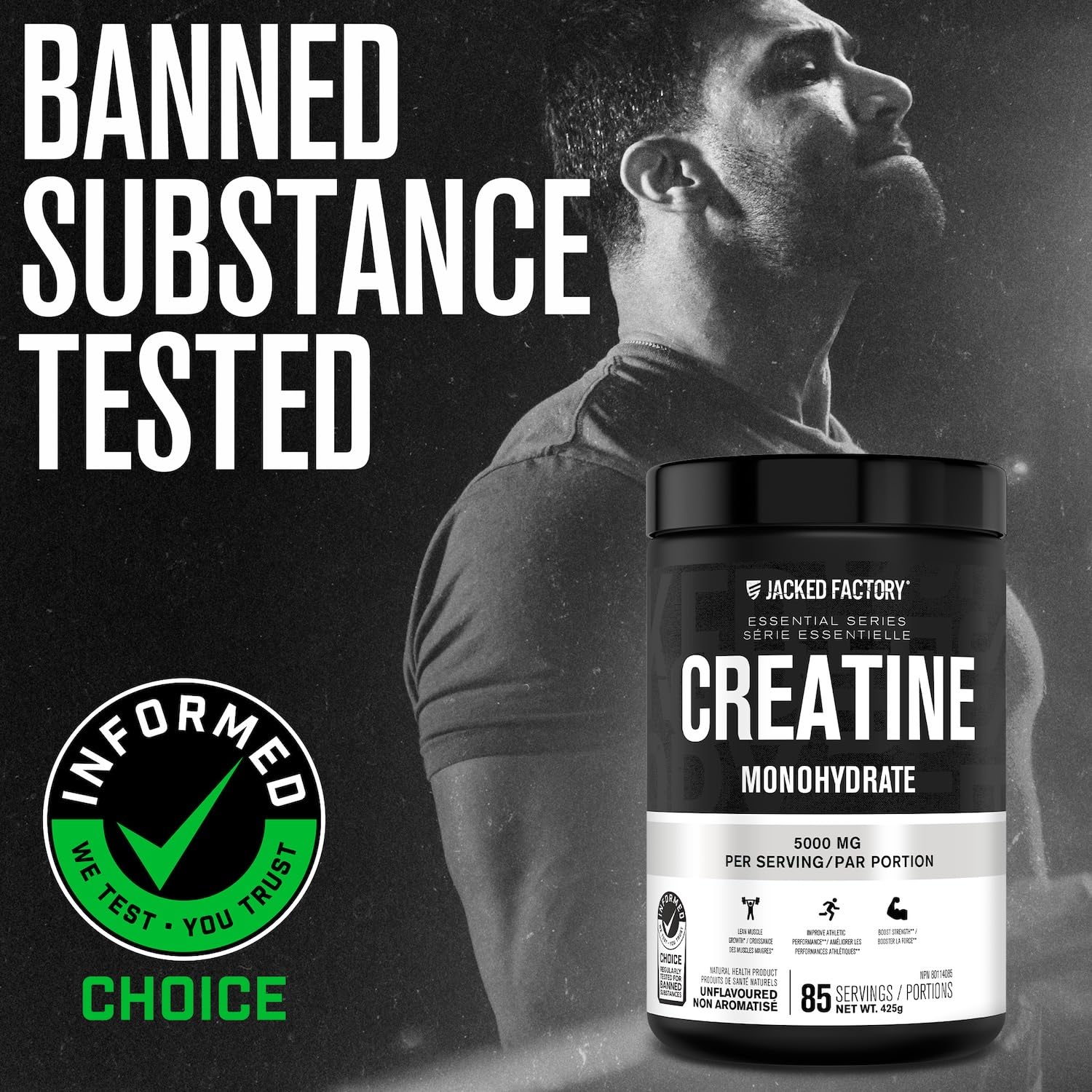 Jacked Factory Creatine Monohydrate Powder 425g - Canadian-Owned Informed Choice Certified Supplement for Increased Muscle Mass*, Improved Strength, Power, & Performance** - 85 Servings, Unflavored
